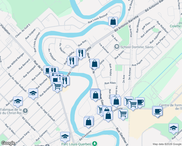 map of restaurants, bars, coffee shops, grocery stores, and more near 55 Rue Gauthier Nord in Lanaudière