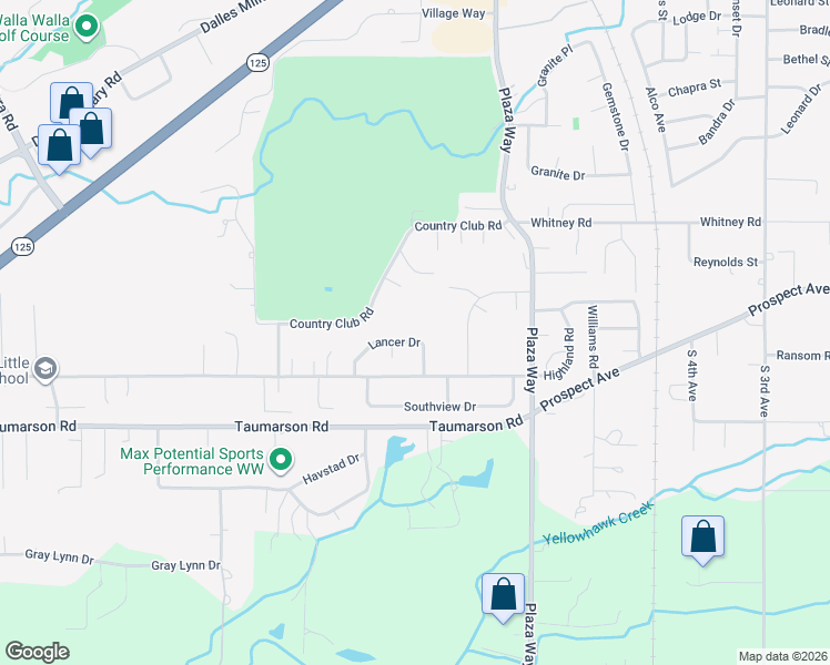 map of restaurants, bars, coffee shops, grocery stores, and more near 1206 Lancer Drive in Walla Walla
