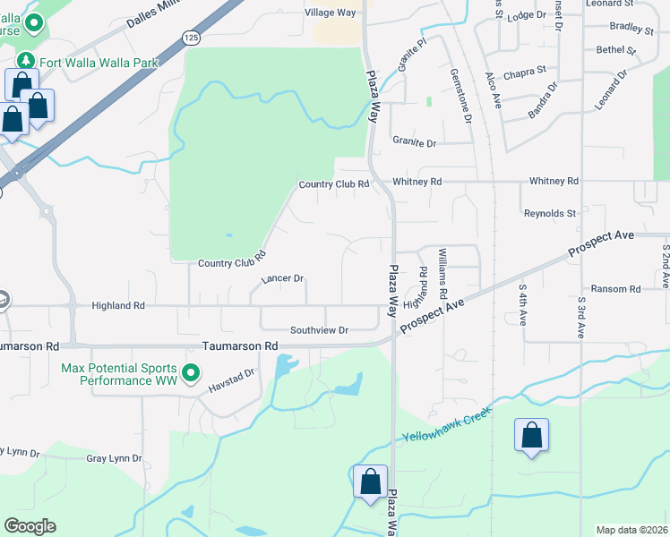 map of restaurants, bars, coffee shops, grocery stores, and more near 1075 Mercita Drive in Walla Walla