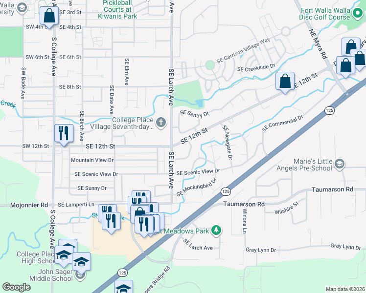 map of restaurants, bars, coffee shops, grocery stores, and more near 1222 Southeast Dewey Drive in College Place