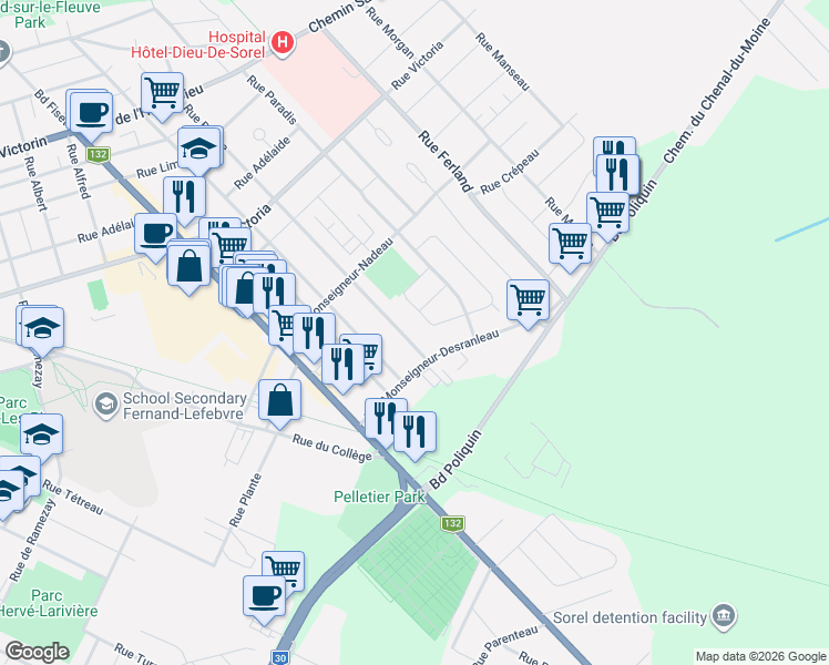 map of restaurants, bars, coffee shops, grocery stores, and more near Rue Barthe in Sorel-Tracy