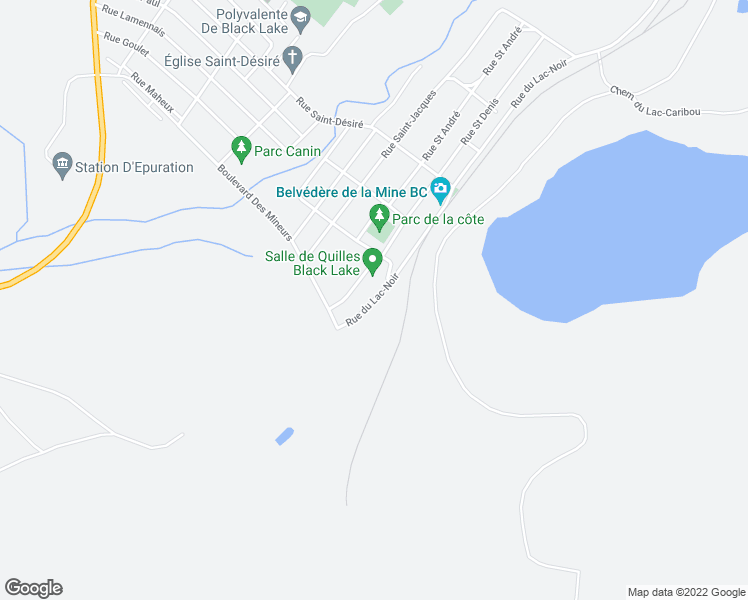 map of restaurants, bars, coffee shops, grocery stores, and more near 4245 Rue du Lac-Noir in Thetford Mines