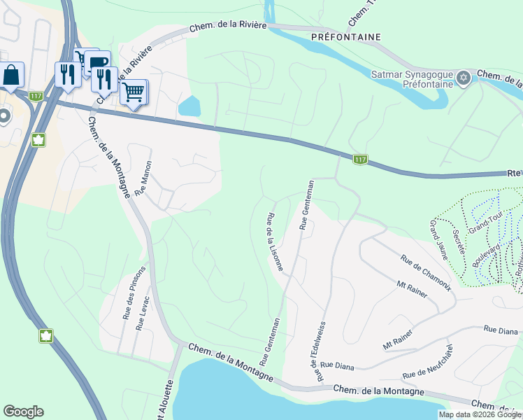 map of restaurants, bars, coffee shops, grocery stores, and more near Montée Rosa in Sainte-Agathe-des-Monts