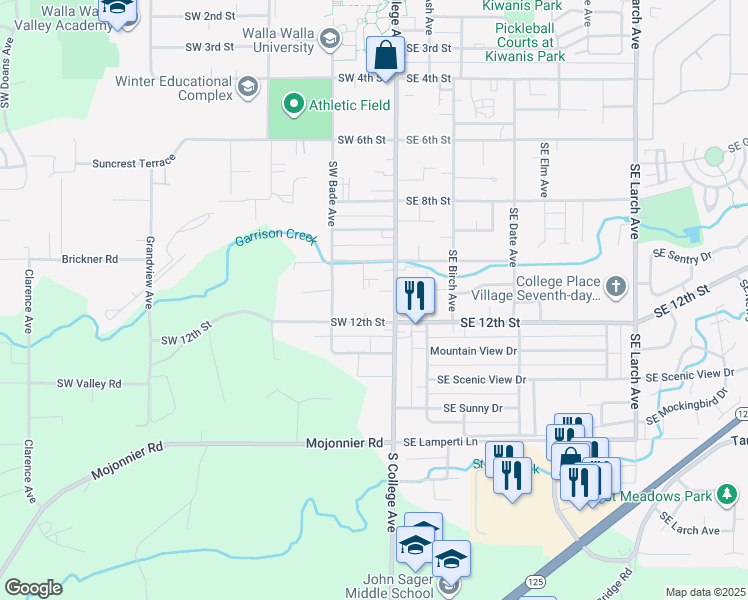 map of restaurants, bars, coffee shops, grocery stores, and more near 1028 South College Avenue in College Place