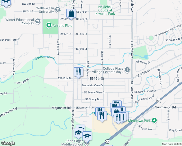 map of restaurants, bars, coffee shops, grocery stores, and more near 205 Southeast 11th Street in College Place