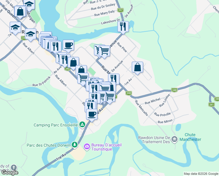 map of restaurants, bars, coffee shops, grocery stores, and more near 3462 Rue Church in Rawdon