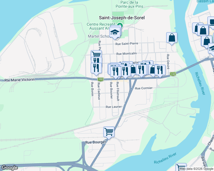 map of restaurants, bars, coffee shops, grocery stores, and more near 1008 Rue Rivard in Sorel-Tracy