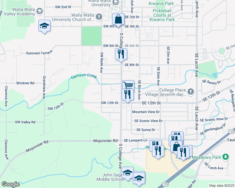 map of restaurants, bars, coffee shops, grocery stores, and more near 1100 South College Avenue in College Place