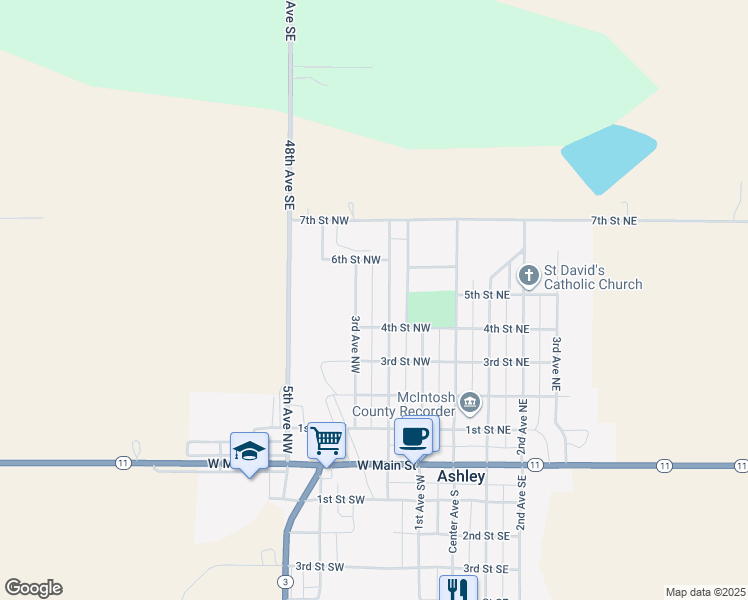 map of restaurants, bars, coffee shops, grocery stores, and more near 604 2nd Avenue Northwest in Ashley