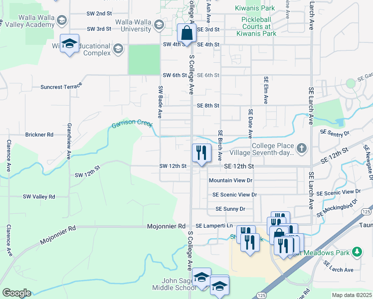 map of restaurants, bars, coffee shops, grocery stores, and more near 1028 South College Avenue in College Place