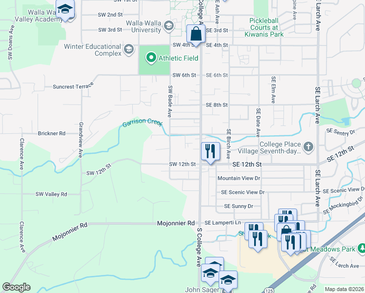 map of restaurants, bars, coffee shops, grocery stores, and more near 1026 Puff Lane in College Place