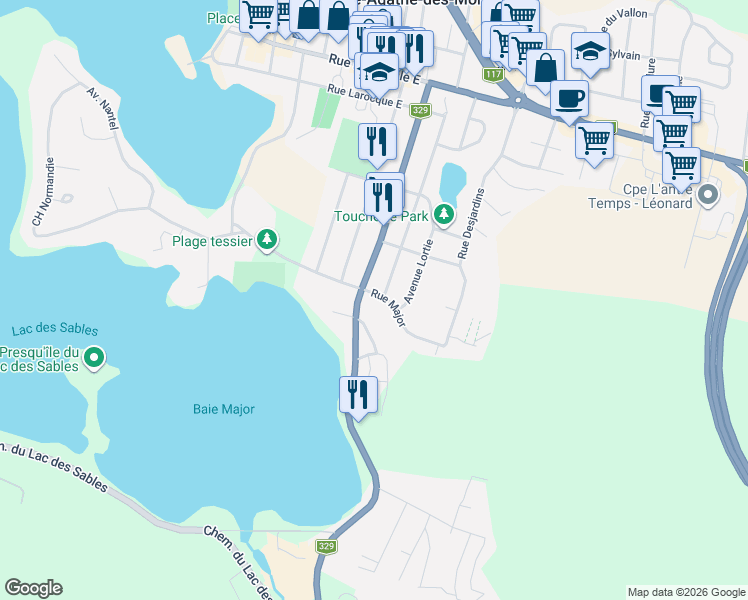 map of restaurants, bars, coffee shops, grocery stores, and more near 95 Rue Major in Sainte-Agathe-des-Monts