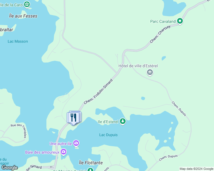 map of restaurants, bars, coffee shops, grocery stores, and more near 43 Chemin Fridolin-Simard in Estérel