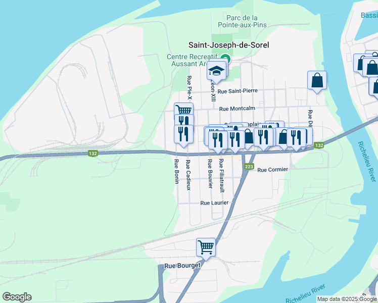 map of restaurants, bars, coffee shops, grocery stores, and more near 1325 Route Marie-Victorin in Sorel-Tracy