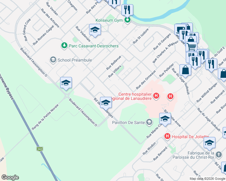 map of restaurants, bars, coffee shops, grocery stores, and more near 339 Rue Riendeau in Saint-Charles-Borromée