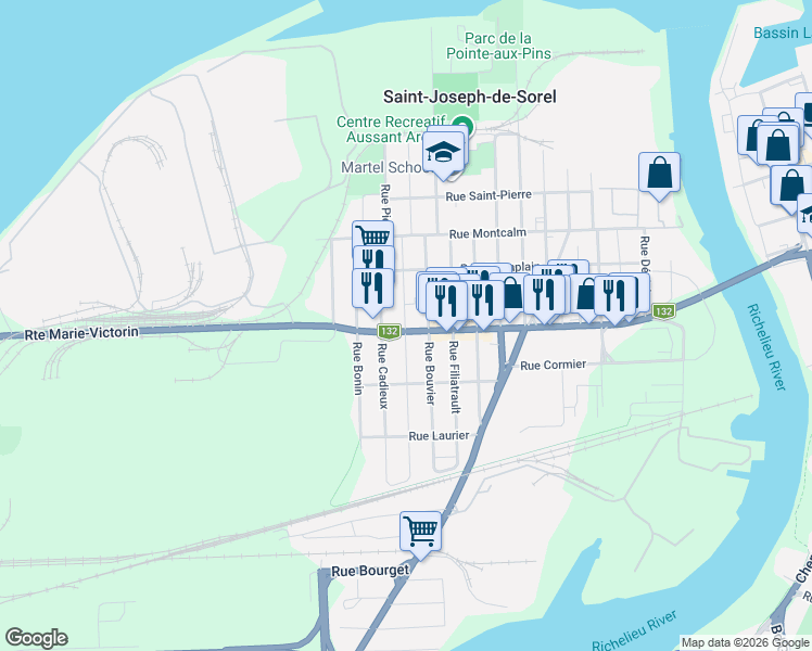 map of restaurants, bars, coffee shops, grocery stores, and more near 1325 Route Marie-Victorin in Sorel-Tracy