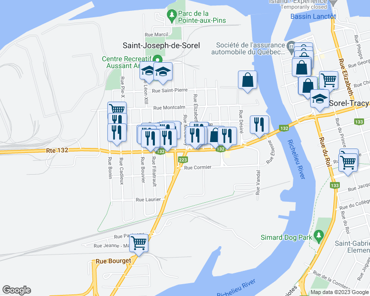 map of restaurants, bars, coffee shops, grocery stores, and more near 801 Québec 132 in Sorel-Tracy