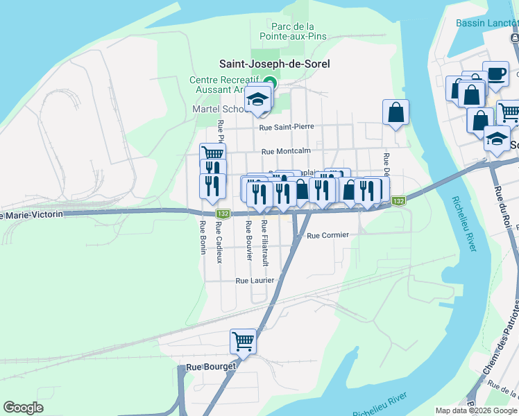 map of restaurants, bars, coffee shops, grocery stores, and more near 1111 Route Marie-Victorin in Sorel-Tracy