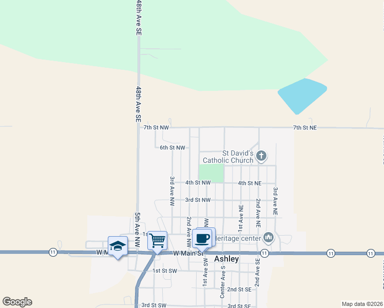 map of restaurants, bars, coffee shops, grocery stores, and more near 604 2nd Avenue Northwest in Ashley
