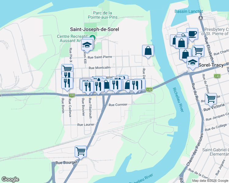 map of restaurants, bars, coffee shops, grocery stores, and more near Route Marie-Victorin in Sorel-Tracy