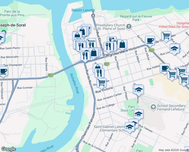 map of restaurants, bars, coffee shops, grocery stores, and more near 52 Rue Limoges in Sorel-Tracy