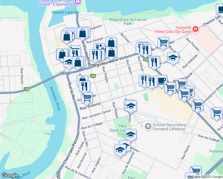 map of restaurants, bars, coffee shops, grocery stores, and more near 125 Rue Adélaide in Sorel-Tracy