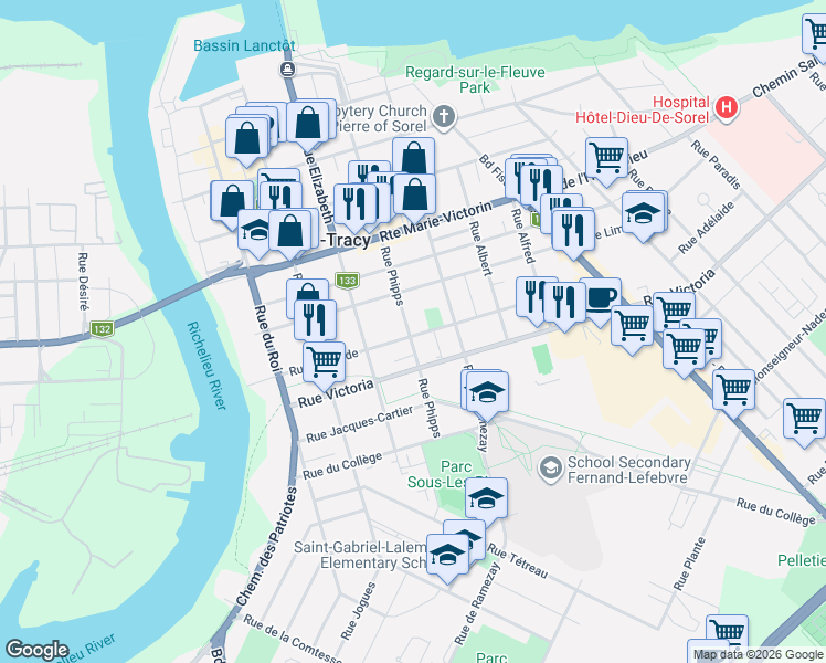 map of restaurants, bars, coffee shops, grocery stores, and more near 125 Rue Adélaide in Sorel-Tracy