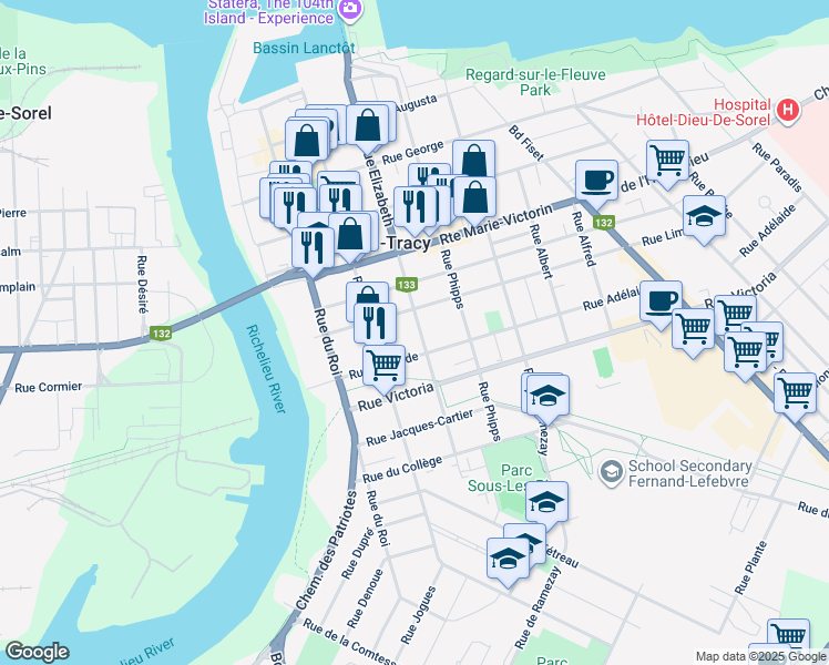map of restaurants, bars, coffee shops, grocery stores, and more near 172 Rue Elizabeth in Sorel-Tracy