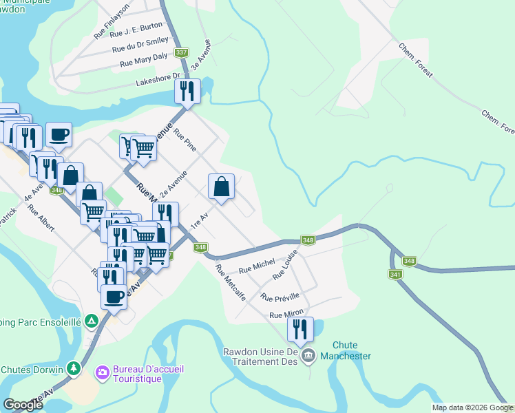 map of restaurants, bars, coffee shops, grocery stores, and more near 3396 Rue Pine in Rawdon