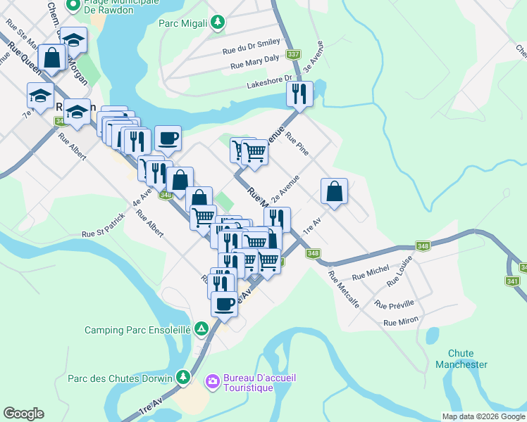 map of restaurants, bars, coffee shops, grocery stores, and more near Rue Metcalfe in Rawdon