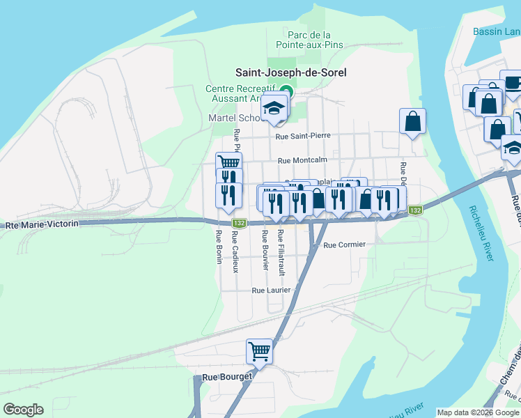 map of restaurants, bars, coffee shops, grocery stores, and more near 911 Rue Bouvier in Sorel-Tracy