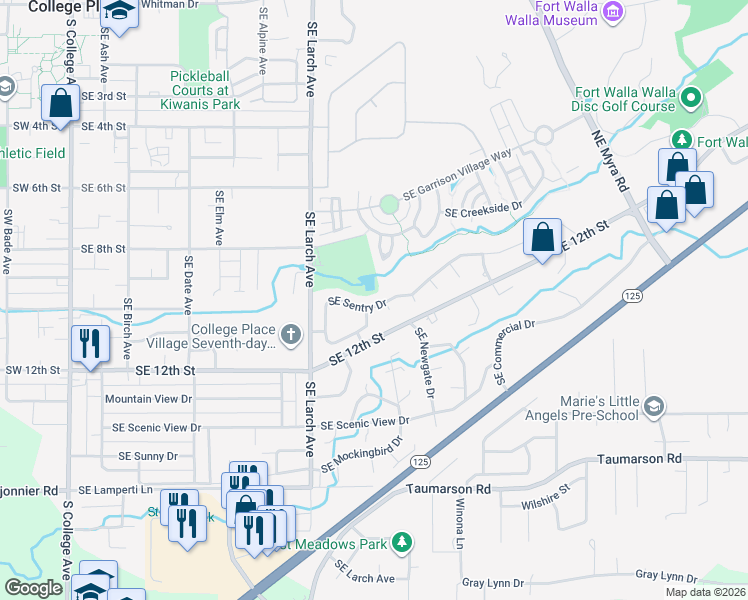 map of restaurants, bars, coffee shops, grocery stores, and more near 919 North Sentry Drive in College Place