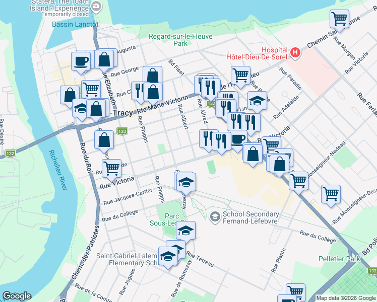 map of restaurants, bars, coffee shops, grocery stores, and more near 174b Rue Adélaide in Sorel-Tracy