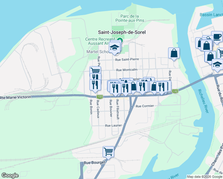 map of restaurants, bars, coffee shops, grocery stores, and more near 904 Rue Bouvier in Sorel-Tracy