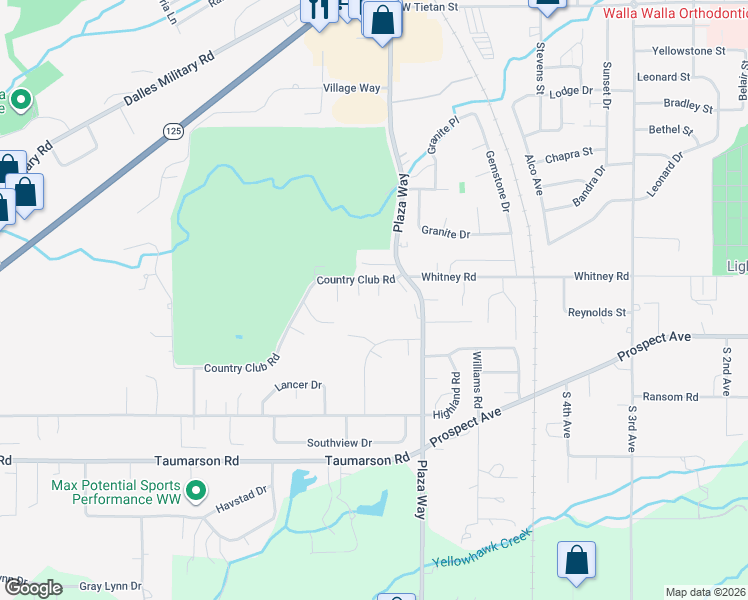 map of restaurants, bars, coffee shops, grocery stores, and more near 625 Country Club Road in Walla Walla