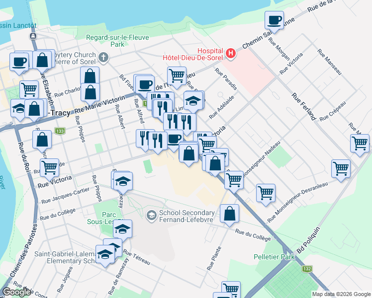 map of restaurants, bars, coffee shops, grocery stores, and more near 210 Boulevard Fiset in Sorel-Tracy