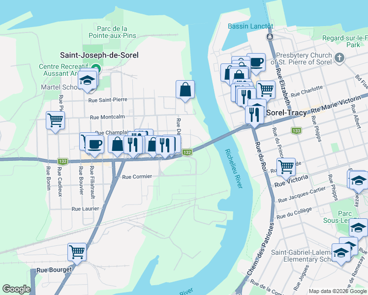 map of restaurants, bars, coffee shops, grocery stores, and more near 917 Rue Bourassa in Sorel-Tracy