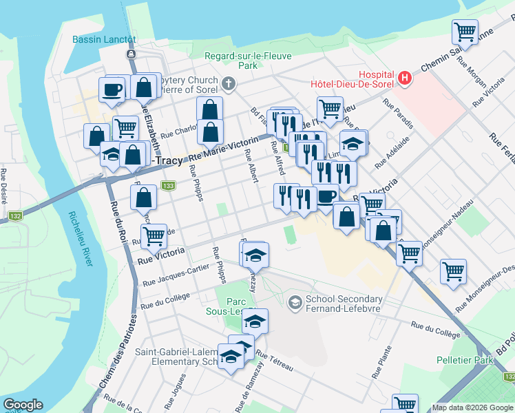 map of restaurants, bars, coffee shops, grocery stores, and more near 174b Rue Adélaide in Sorel-Tracy