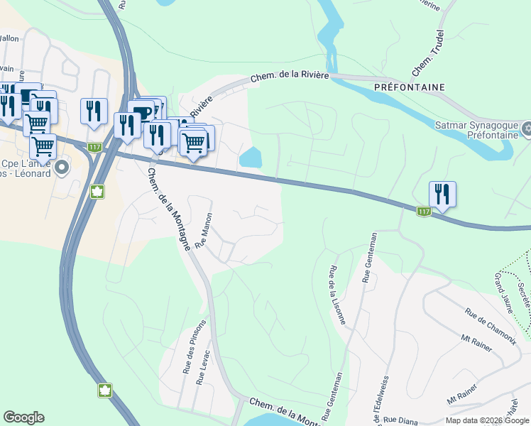map of restaurants, bars, coffee shops, grocery stores, and more near 650 Rue du Muguet in Sainte-Agathe-des-Monts