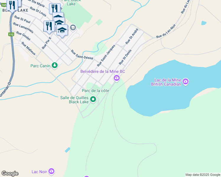 map of restaurants, bars, coffee shops, grocery stores, and more near in Thetford Mines