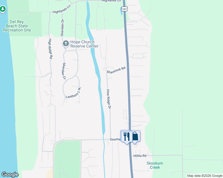 map of restaurants, bars, coffee shops, grocery stores, and more near 2516 Pine Ridge Drive in Gearhart