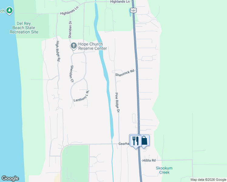 map of restaurants, bars, coffee shops, grocery stores, and more near 2516 Pine Ridge Drive in Gearhart