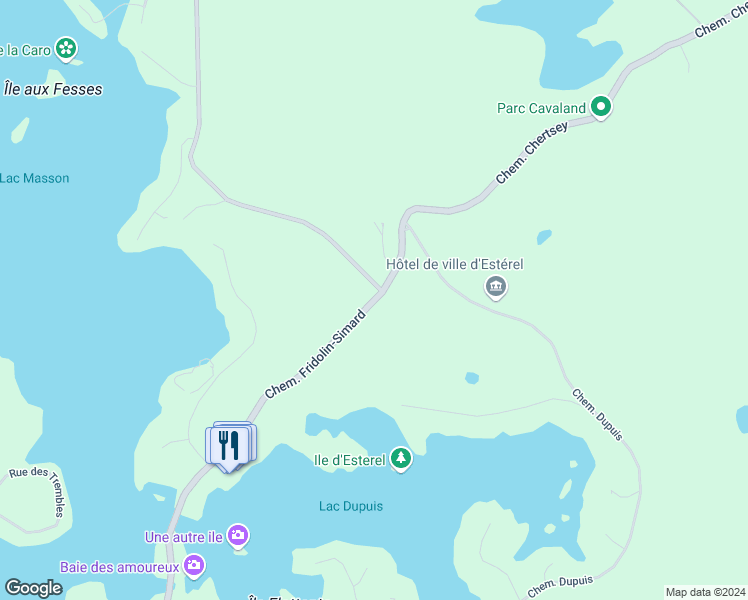 map of restaurants, bars, coffee shops, grocery stores, and more near 50 Chemin Fridolin-Simard in Estérel