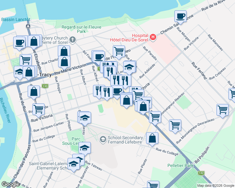 map of restaurants, bars, coffee shops, grocery stores, and more near 237 Rue Victoria in Sorel-Tracy