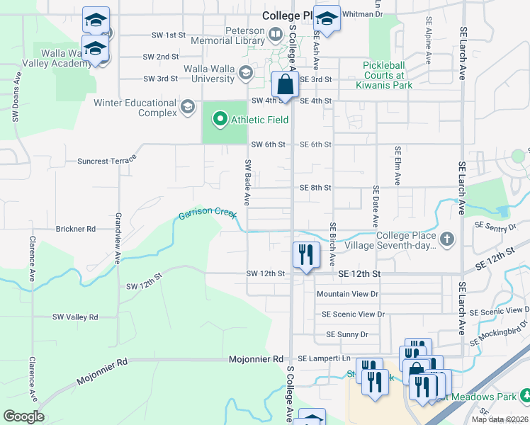 map of restaurants, bars, coffee shops, grocery stores, and more near 109 Southwest 9th Street in College Place