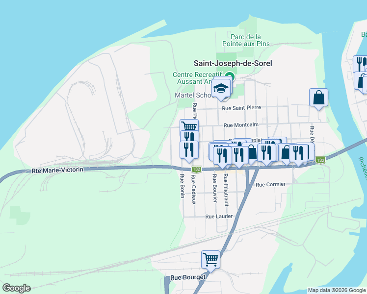 map of restaurants, bars, coffee shops, grocery stores, and more near 410 Rue Bonin in Sorel-Tracy