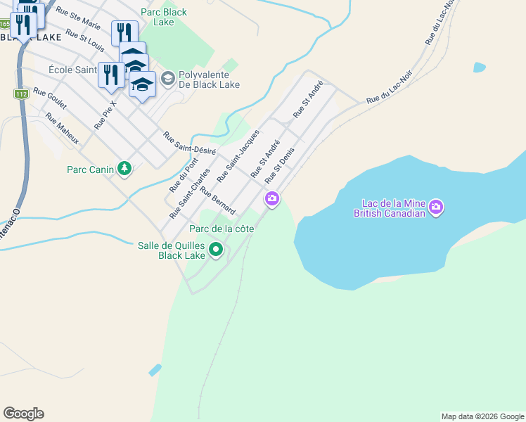 map of restaurants, bars, coffee shops, grocery stores, and more near 4243 Rue du Lac-Noir in Thetford Mines