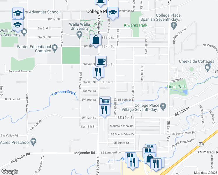 map of restaurants, bars, coffee shops, grocery stores, and more near 115 Southeast 9th Street in College Place