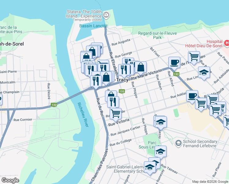 map of restaurants, bars, coffee shops, grocery stores, and more near 67 Rue Provost in Sorel-Tracy