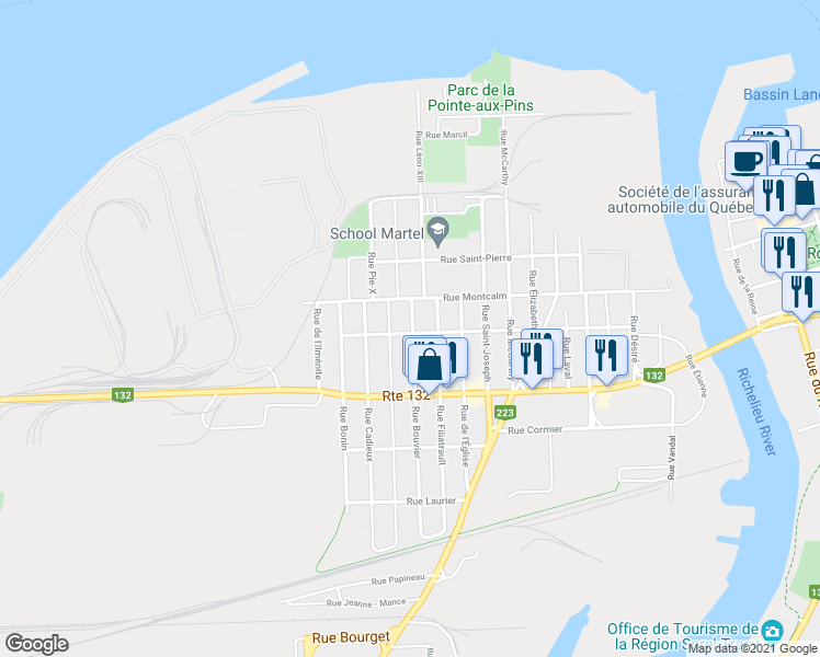 map of restaurants, bars, coffee shops, grocery stores, and more near 325 Rue Bouvier in Saint-Joseph-de-Sorel